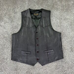 Scully Mens 46 Black Genuine Leather Western Vest Button Front Yoke V-Neck